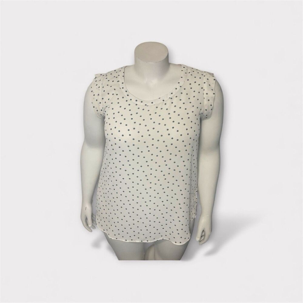 Pleione Women’s Blouse XL White Gray Polka Dot Short Sleeve Work Top Office